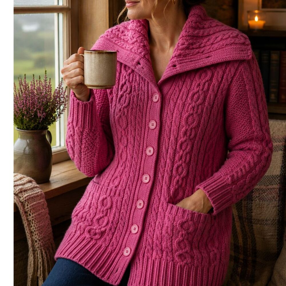 Vintage Aran Crafts Pink Merino Wool Cardigan M Irish Cable Knit Shawl Collar